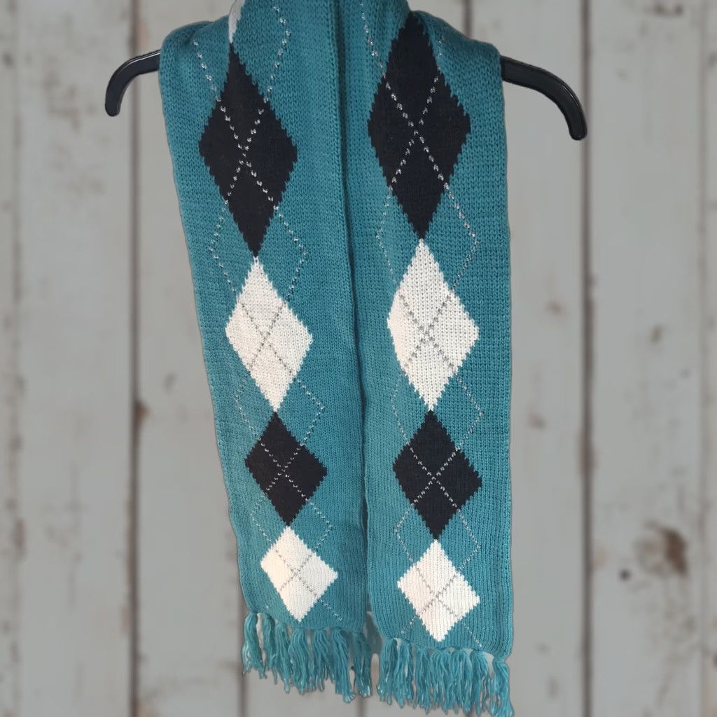 Vintage New York & Co Long Scarf Turquoise Argyle Pattern Women 70in x 7in Stylish Winter Neck Warmer Size ONE SIZE - 1 Thumbnail