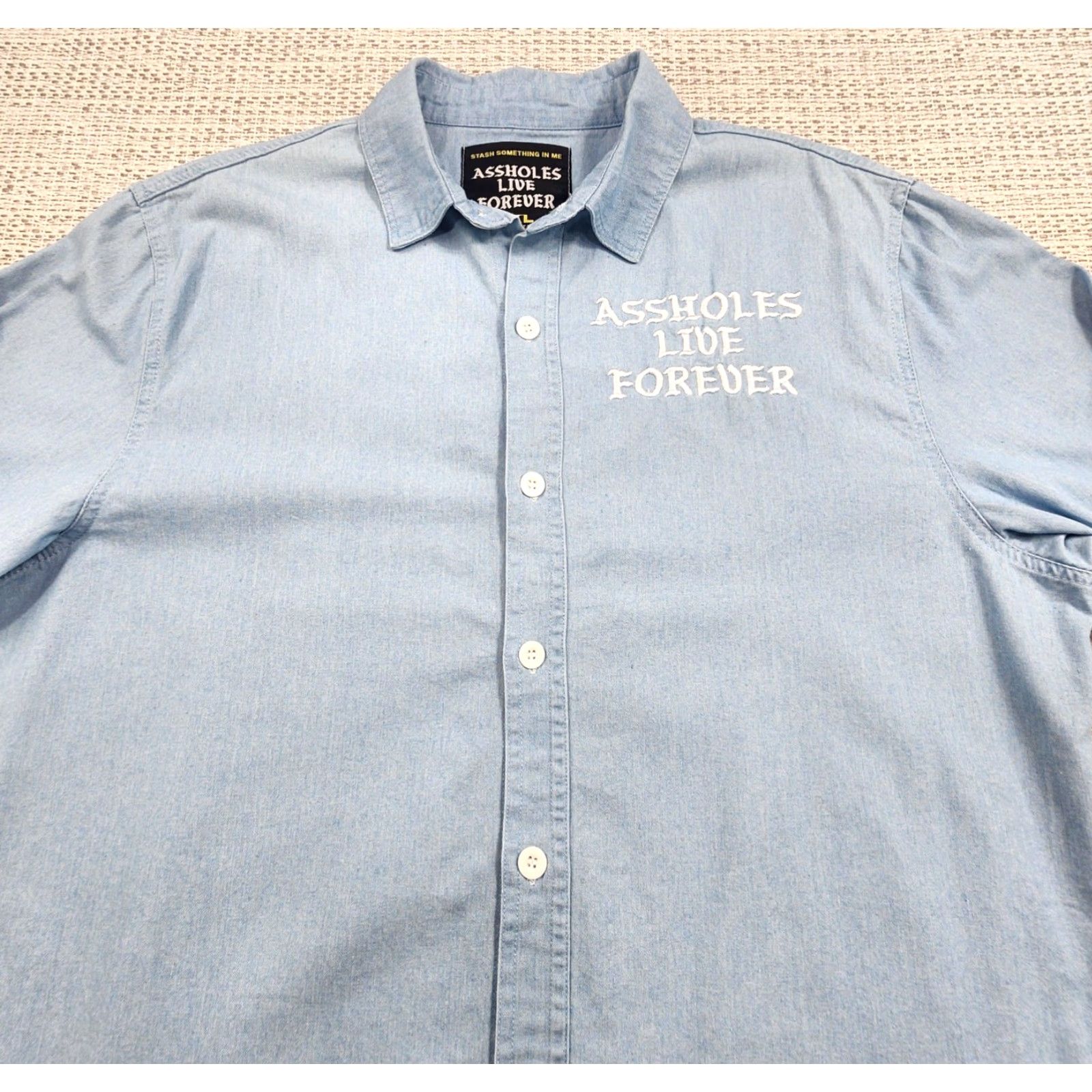 Denime Aholes Live Forever Shirt 2XL Mens Blue Denim Button Up Embroidered Slogan XXL Size US XXL / EU 58 / 5 - 2 Thumbnail