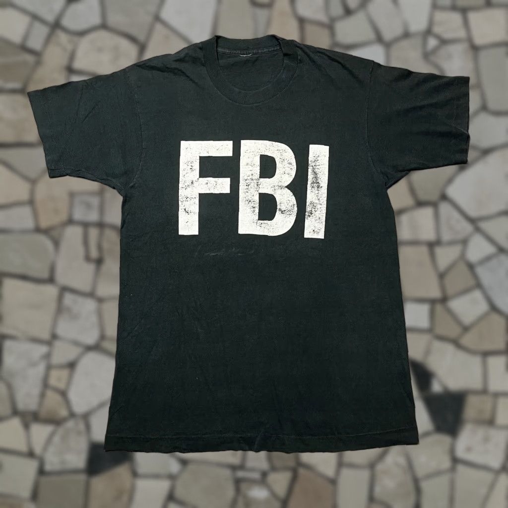 VINTAGE FBI Double Sided T Shirt Large Mens 90s USA American Stitch Double-Sided Black Cotton Crew Neck Short Sleeve Graphic Print