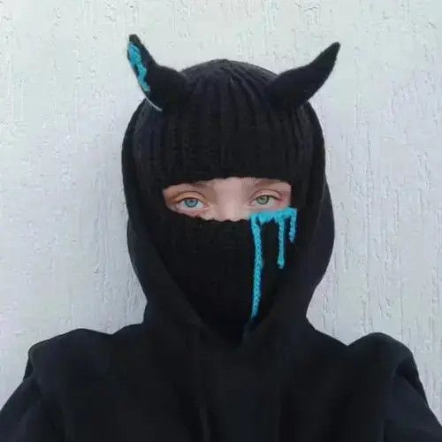 Designer Black Devil Horn knit Balaclava Ski Mask Size ONE SIZE - 1 Thumbnail
