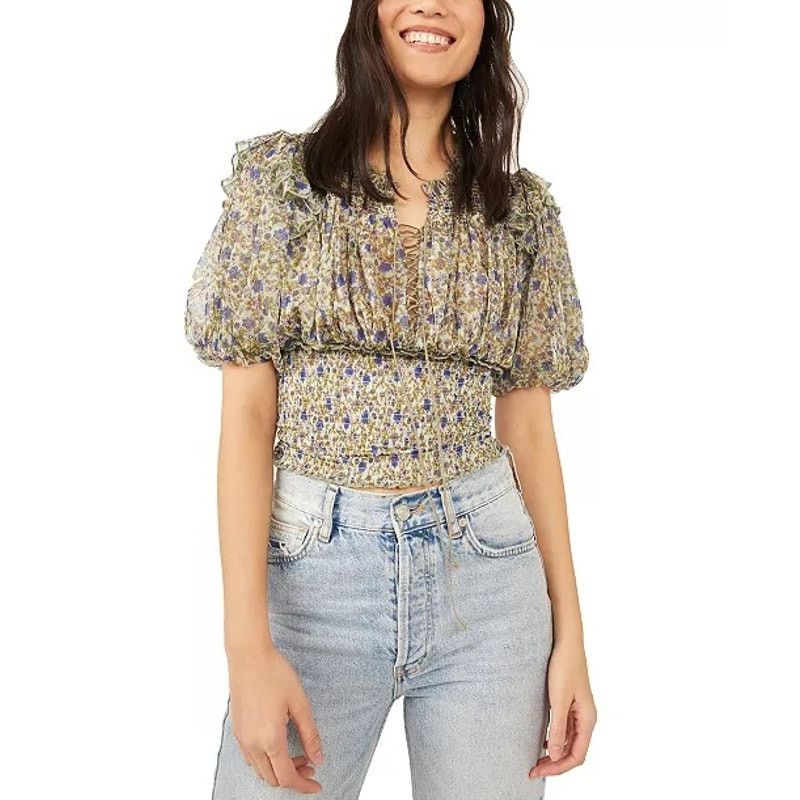 Free People Free People SZ Small Beatrice Floral Smocked Puff Sleeve Top Size S / US 4 / IT 40 - 1 Thumbnail