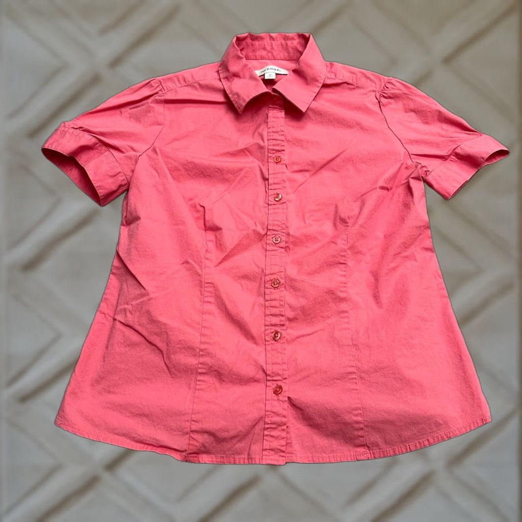 Merona Merona Shirt Adult Medium Pink Short Sleeve Button-Up Cotton Knit Casual Top Womens Size M / US 6-8 / IT 42-44 - 1 Thumbnail