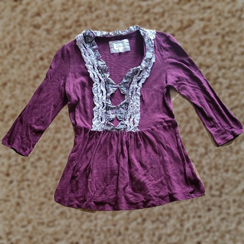 Anthropologie VINTAGE Anthropologie Deletta Shirt Womens Medium Red Cranberry Ruffle Neckline Cottage Size M / US 6-8 / IT 42-44 - 1 Thumbnail