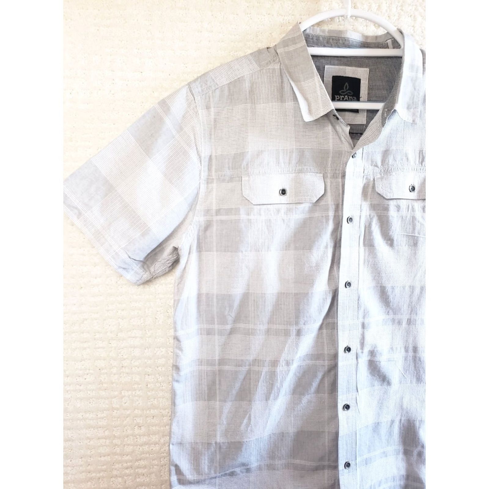 Prana Prana Mens L Short Sleeve Button-Up Shirt Gray White Plaid Logo Pockets Size US L / EU 52-54 / 3 - 4 Thumbnail