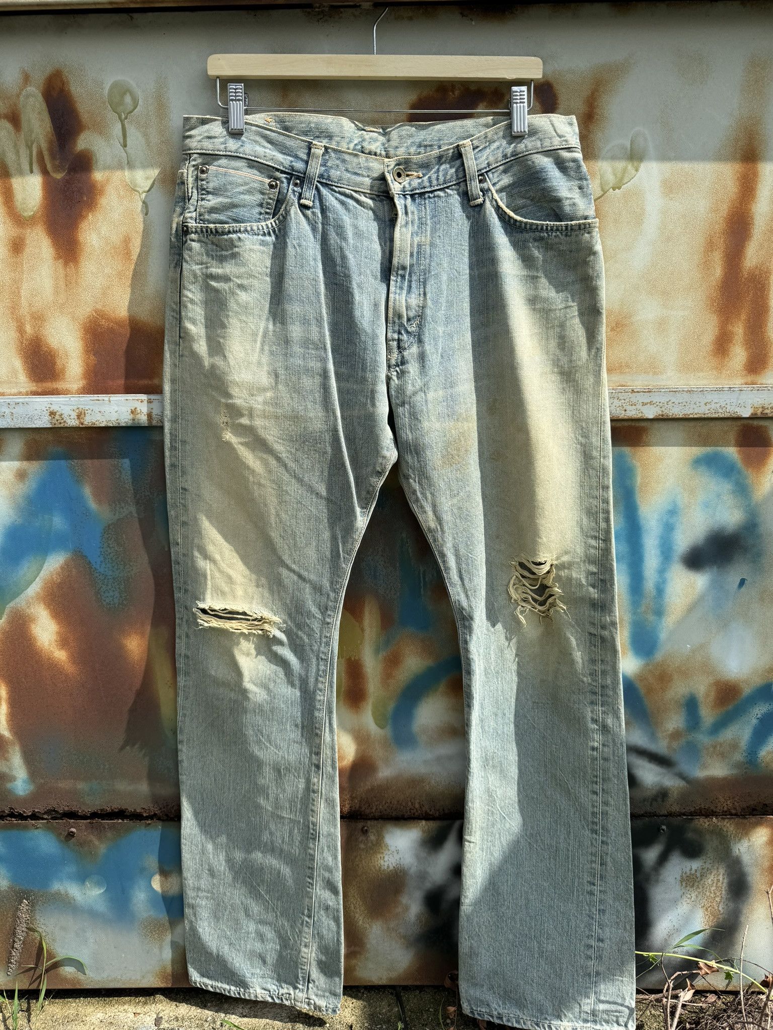 image of Distressed Denim x Edwin Vintage Edwin 505 Zipper Selvadge Redline Jeans Sun Faded in Light Rust In