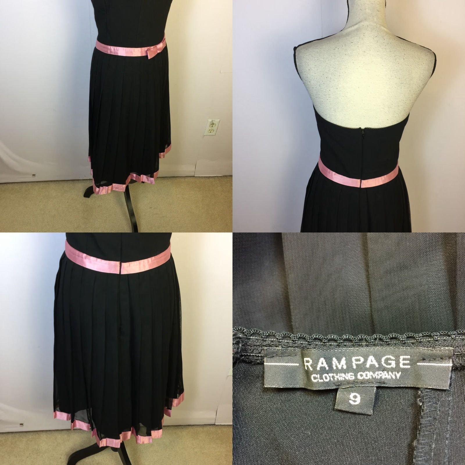 VINTAGE Rampage Strapless Fit & Flare Dress WOMAN Size 9 Black Pink Pleated Y2K 80s 90s Dress