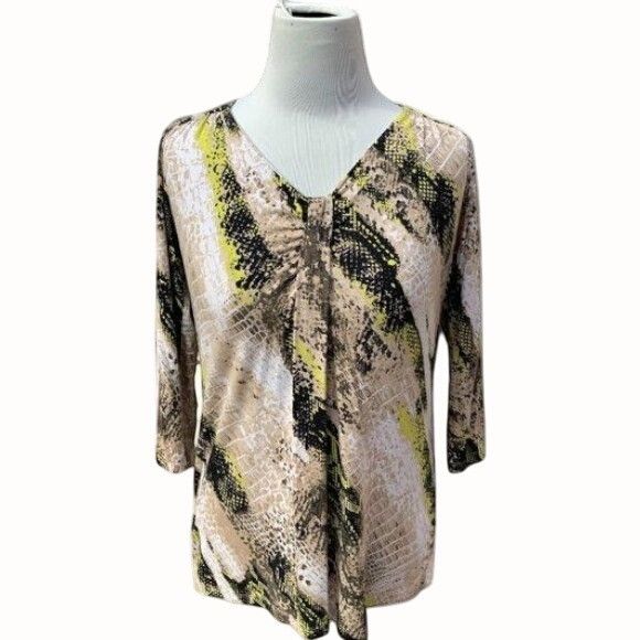 Designer Dana Buchman Womens Quarter Sleeve Beige Vneck Snake Print T Size M / US 6-8 / IT 42-44 - 1 Thumbnail