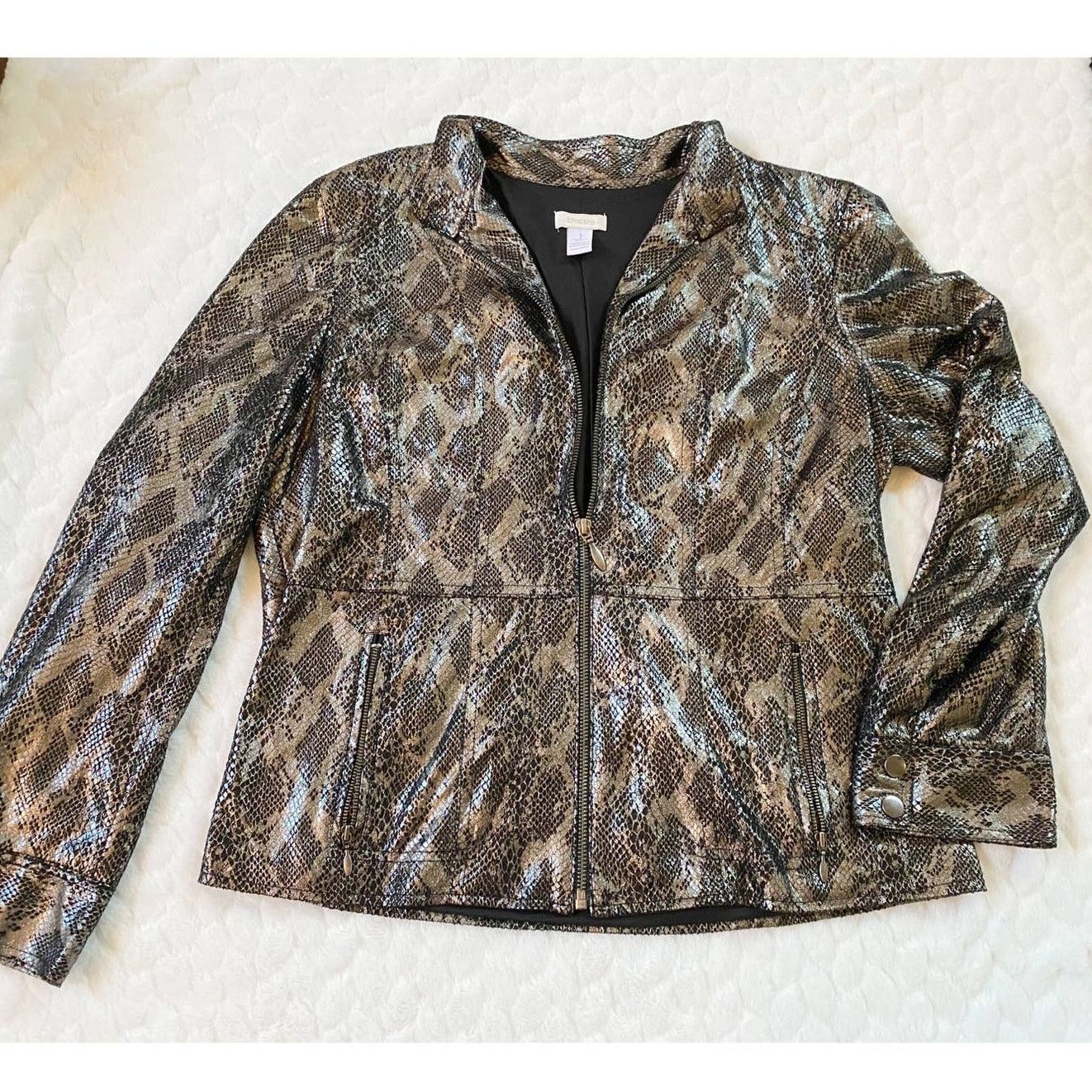 Chicos Chico’s Black Bronze Metallic Zip Jacket Snake Python Print Size M / US 6-8 / IT 42-44 - 7 Thumbnail