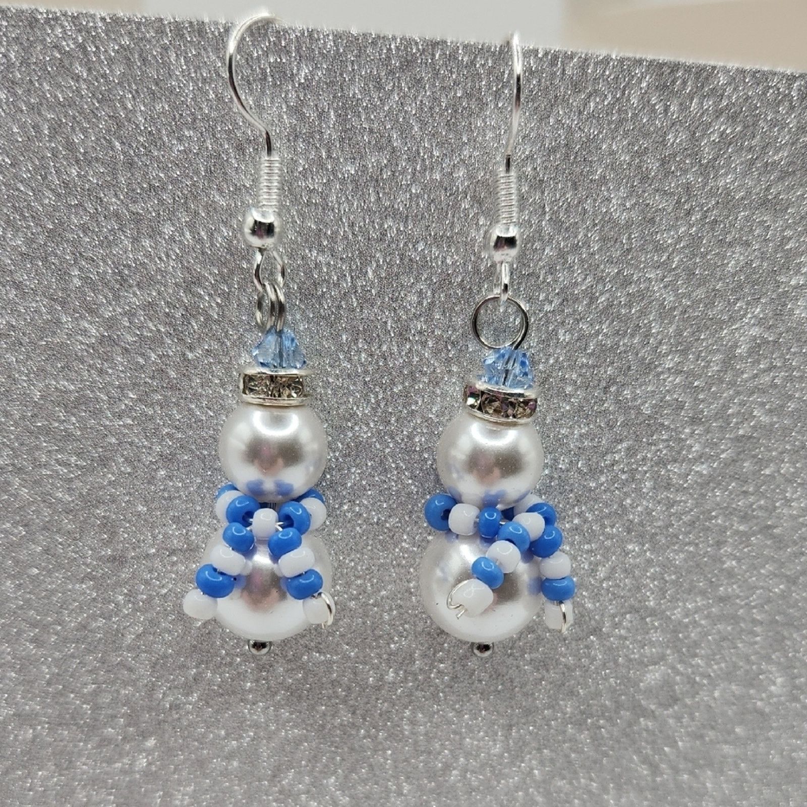 Other White and Blue Beaded Snowman Earrings Handmade Crystal Size ONE SIZE - 4 Thumbnail