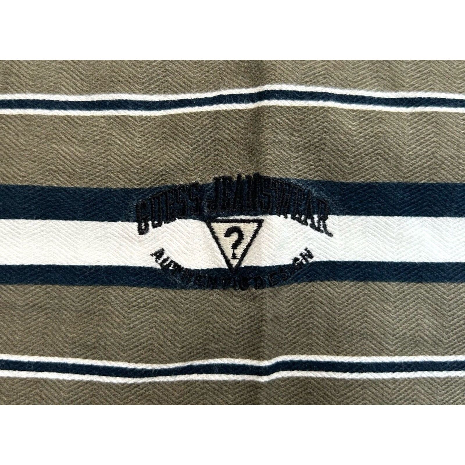 Guess VINTAGE GUESS POLO Shirt Mens XL Deadstock NWT 90s NOS Striped Olive Green Navy Blue White Embroidered Chest Logo Denim Collar Short Sleeve Size US XL / EU 56 / 4 - 6 Thumbnail