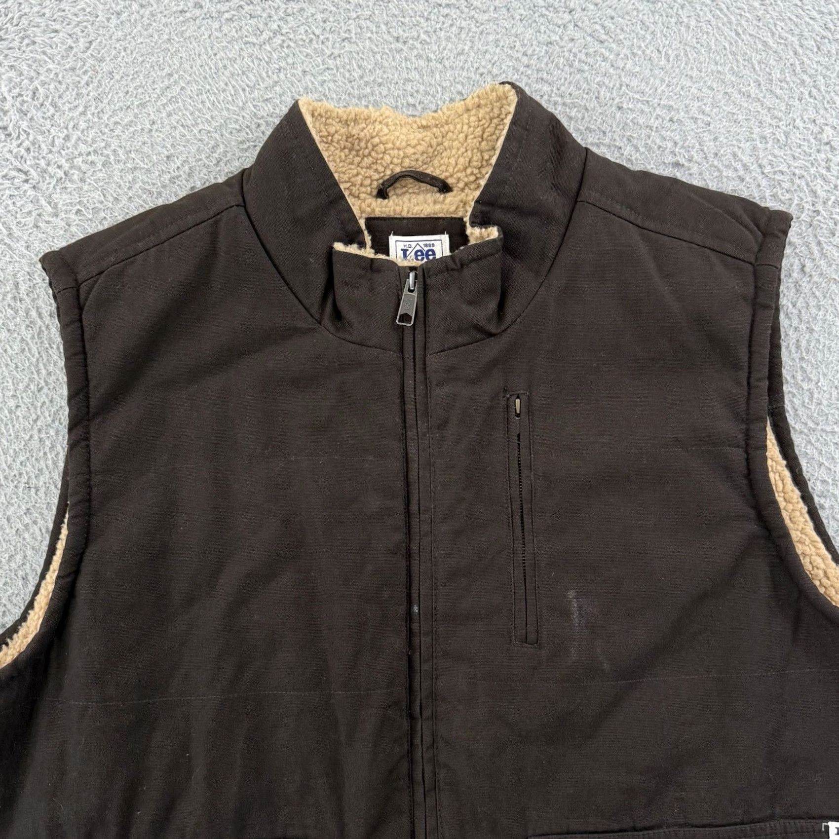 Lee Lee Vest 2XL Brown Canvas Sherpa Lined Full Zip Workwear Casual Outdoor Jacket/Coat, Mens, Regular, 90s Southwestern Western American Theme Size US XXL / EU 58 / 5 - 3 Thumbnail