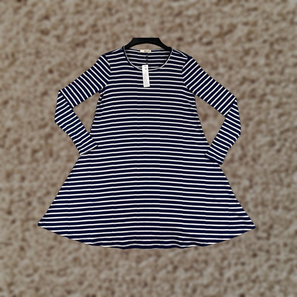 Vintage LA made Dress Womens XS White/Blue Striped Long Sleeve Polyester Knit Mini Dress Size XS / US 0-2 / IT 36-38 - 1 Thumbnail
