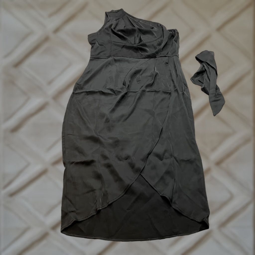 Vintage Pretty Garden Dress Womens L Black One Shoulder Shift Midi Belted NWT New with Tags Size L / US 10 / IT 46 - 1 Thumbnail