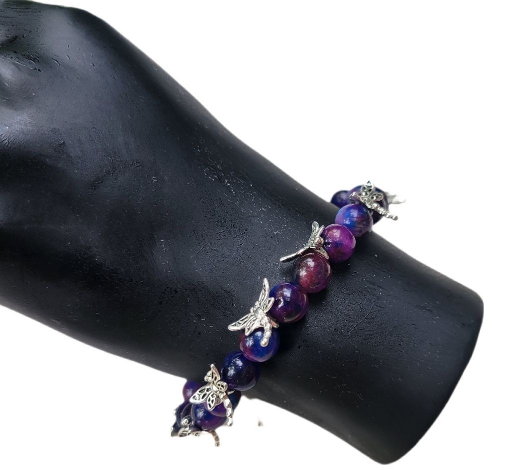 Handmade Natural Sugilite crystal silver dragonfly beaded bracelet Size ONE SIZE - 3 Thumbnail