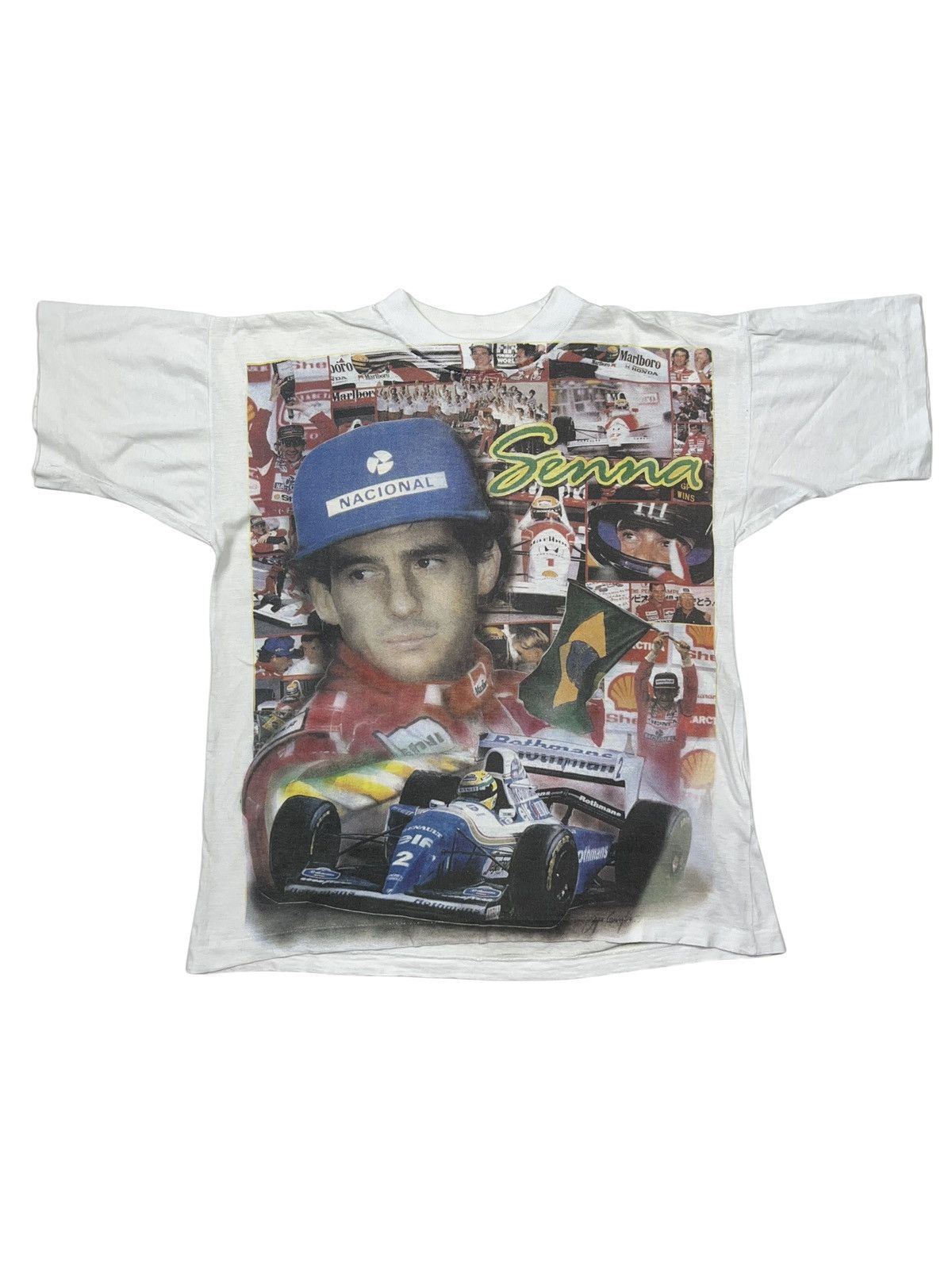 image of Formula Uno x Racing Vintage Ayrton Senna Memorial T-Shirt Racing F1 in White, Men's (Size Large)