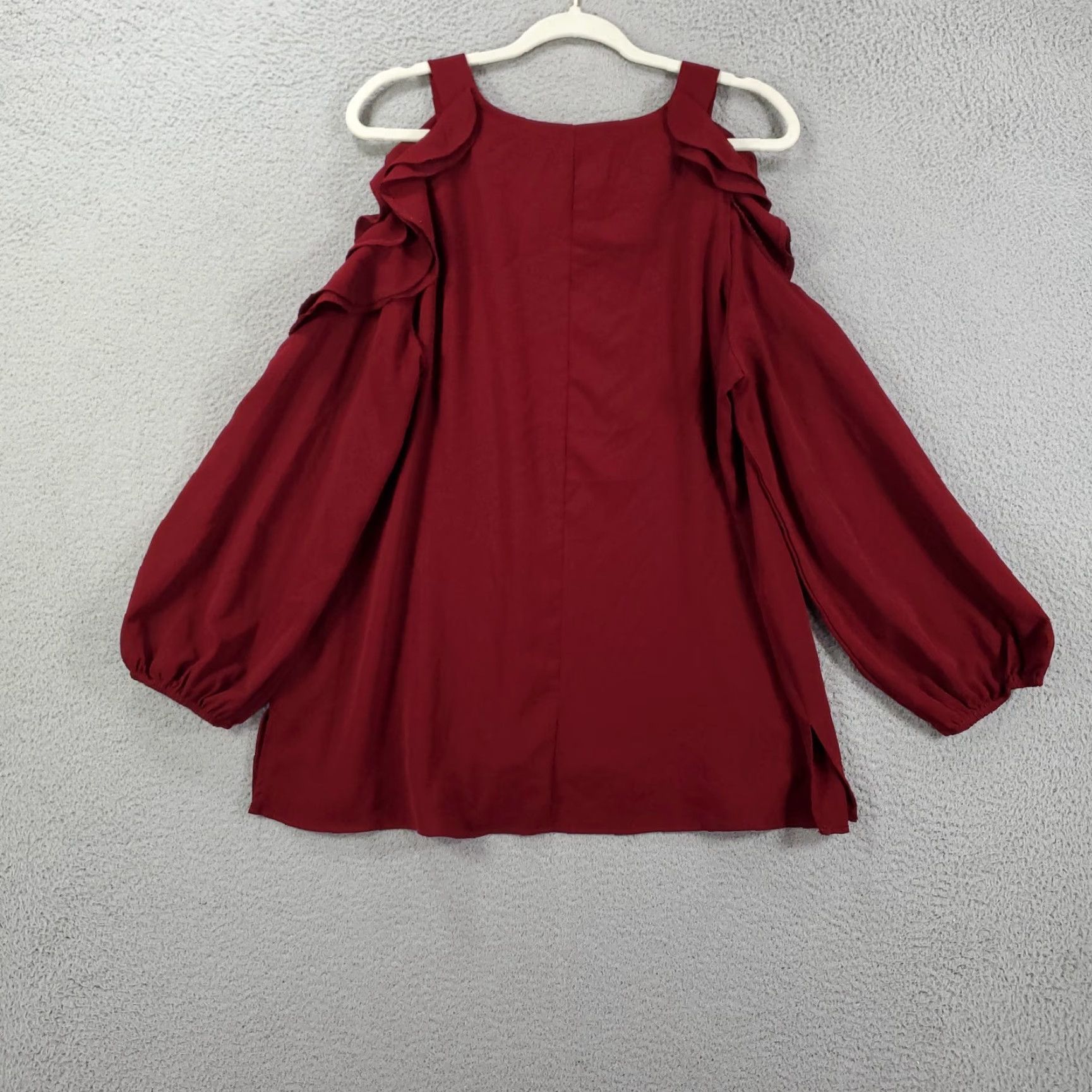 Vintage UMGEE Tunic Womens Large Maroon Cold Shoulder Gauzy Ruffles Balloon Flutter Size L / US 10 / IT 46 - 6 Thumbnail