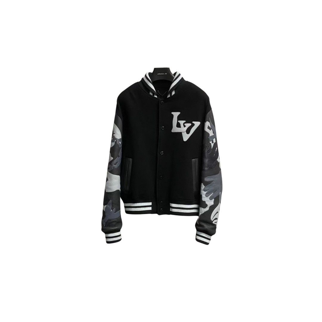image of Louis Vuitton Leather Varsity Jacket in Black, Men's (Size XL)