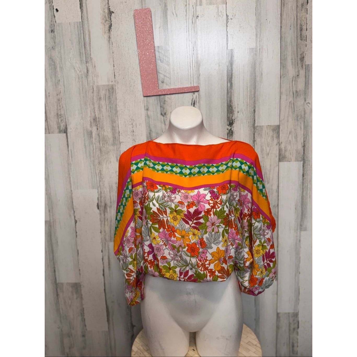 Other Floral & Ivy Bright Retro Floral Top | Orange Multicolor Balloon Sleeve Blouse – Size Large Size L / US 10 / IT 46 - 6 Thumbnail