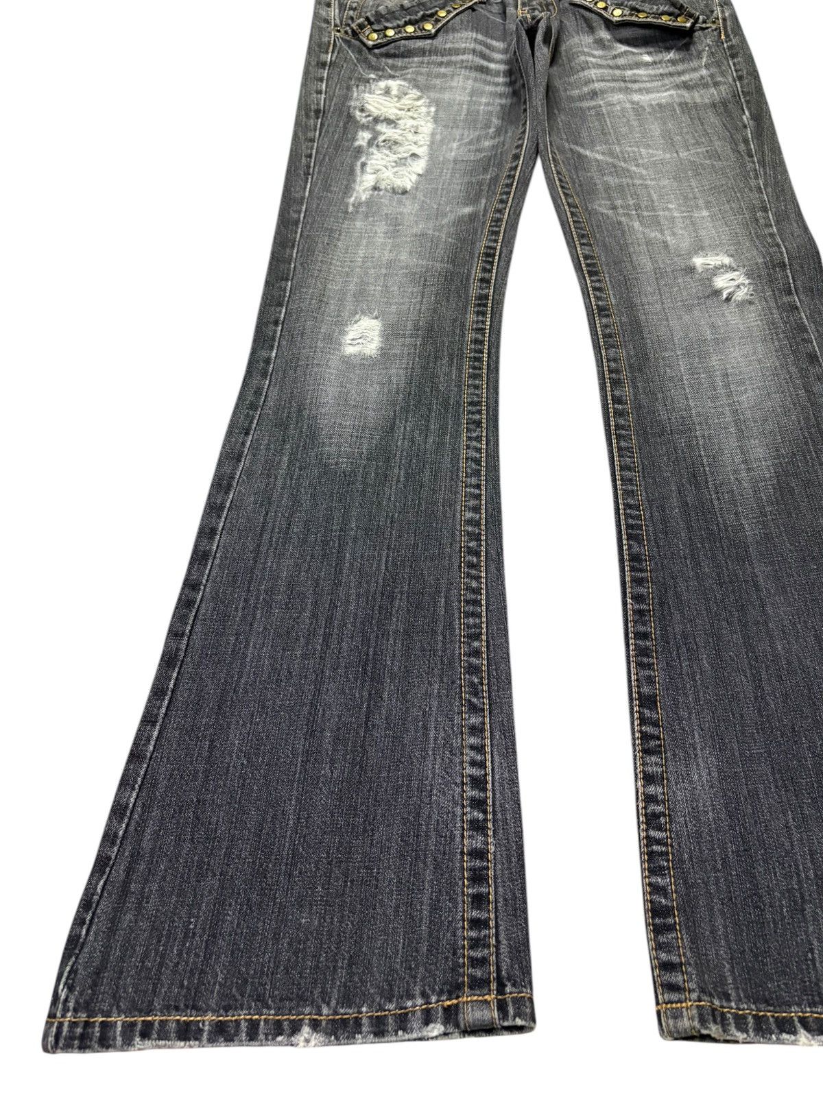Japanese Brand × Seditionaries Vintage Japanese Brand Faded Wash Studded Ripped Flare Jeans Size 31" - 6 Thumbnail