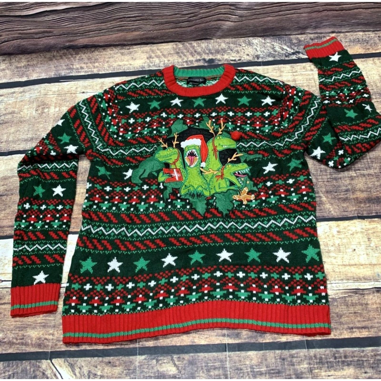 Vintage Ugly Christmas Sweater Dinosaur Blizzard Bay Red White Green XL Men Pullover Knit Acrylic Sweater Size US XL / EU 56 / 4 - 2 Thumbnail