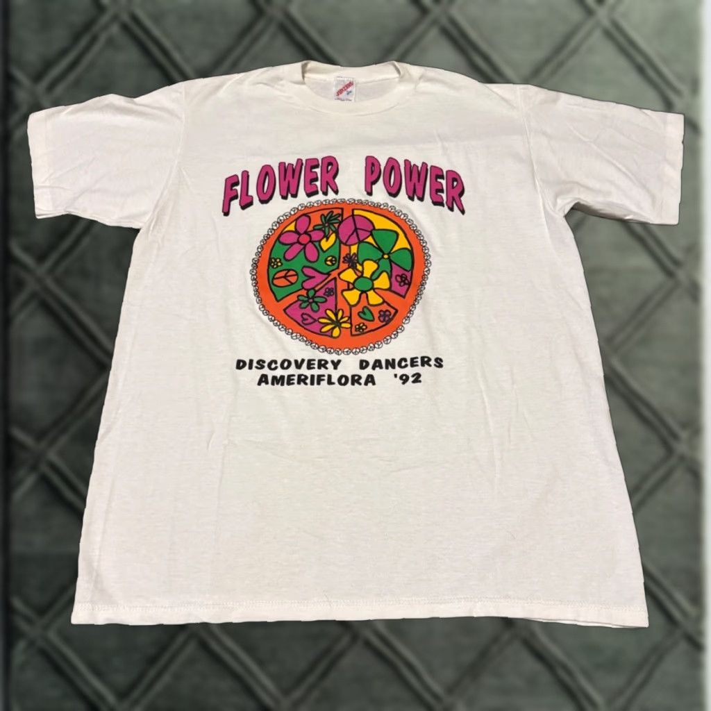 Jerzees VINTAGE 1992 Flower Power Discovery Dancers Peace Sign Hippie White T-Shirt Large Size US L / EU 52-54 / 3 - 1 Thumbnail