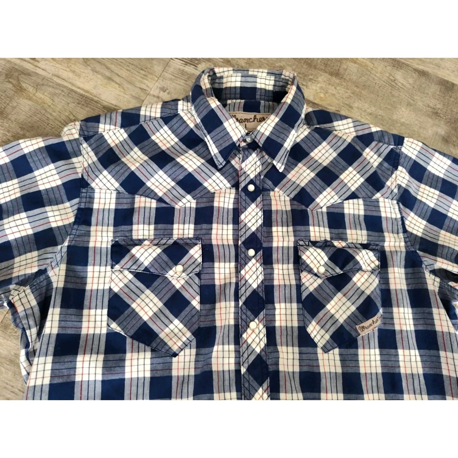 Wrangler VINTAGE Wrangler Western Shirt Blue Plaid Large Short Sleeve Pearl Snap Cowboy 90s Mens Size US L / EU 52-54 / 3 - 4 Thumbnail