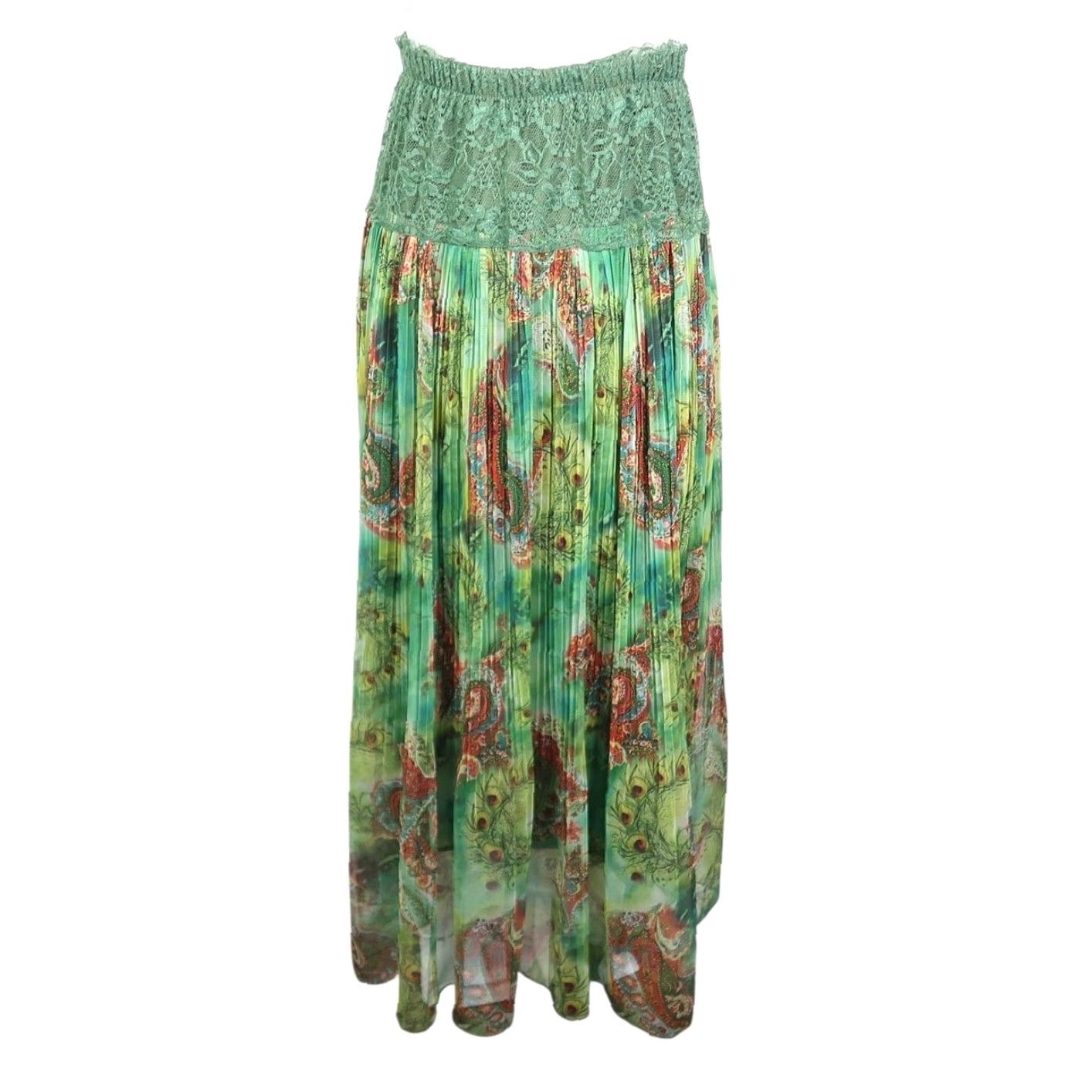 Vintage VINTAGE Green Peacock Paisley Print Lace Trim Pleated Midi Maxi Skirt S Women's Size 28" / US 6 / IT 42 - 4 Thumbnail