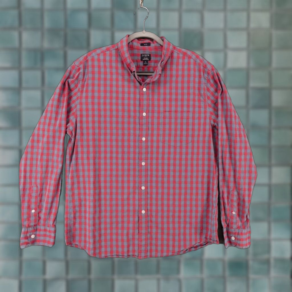 J.Crew J. Crew Shirt Mens Extra Large Slim Long Sleeve Red Blue Check Flex Washed Size US XL / EU 56 / 4 - 1 Thumbnail