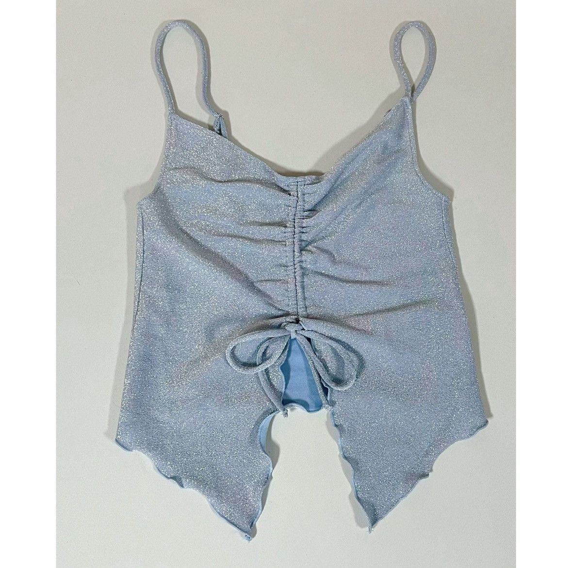Vintage Light Blue Pastel Glitter Ruched Tie-Front Top Shirt XS 🩵 Size XS / US 0-2 / IT 36-38 - 2 Thumbnail