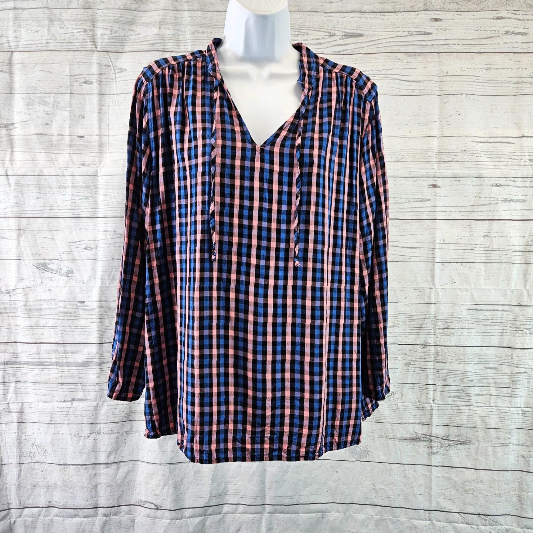 Old Navy Old Navy Womens Top Blouse Tall L Pink Checkered Rayon Long Sleeve Shirt Size L / US 10 / IT 46 - 2 Thumbnail