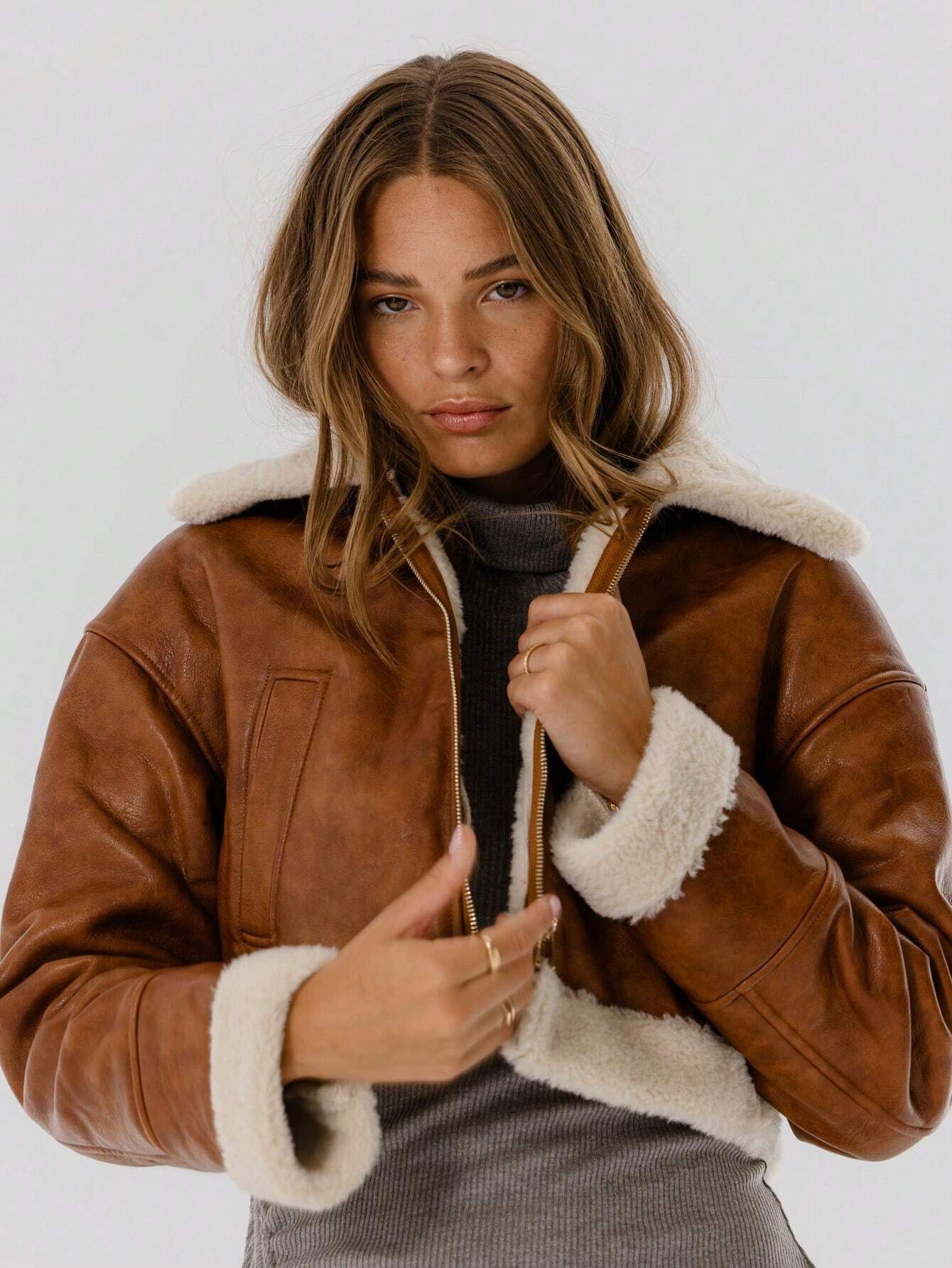 Other Womens Brown Real Leather Aviator Jacket, Shearling Trim Size S / US 4 / IT 40 - 7 Thumbnail