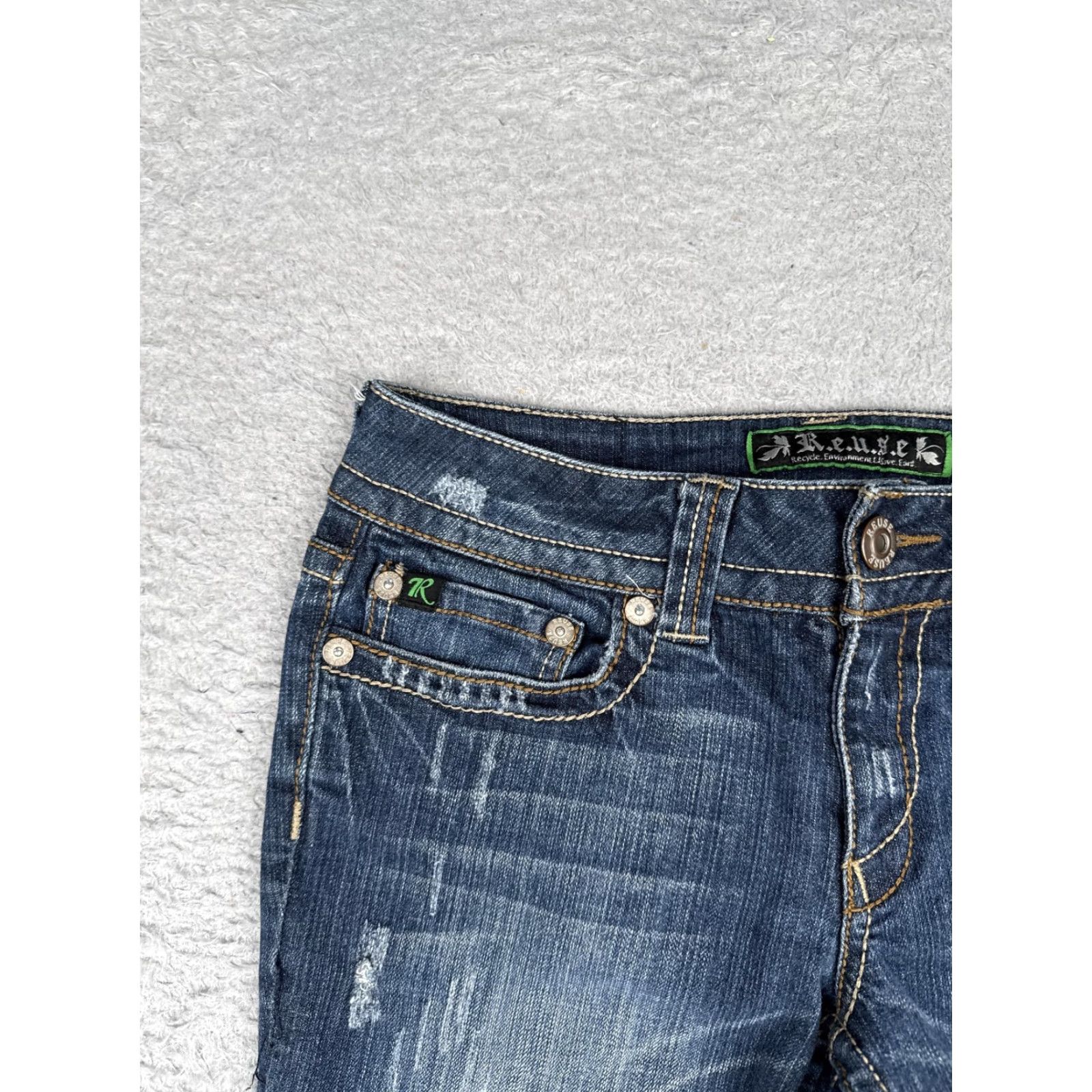 Denime R.E.U.S.E Denim Shorts Womens 28 Blue Cutoff Raw Hem Embroidered Distressed Cross Back Pockets Size 28" / US 6 / IT 42 - 4 Thumbnail