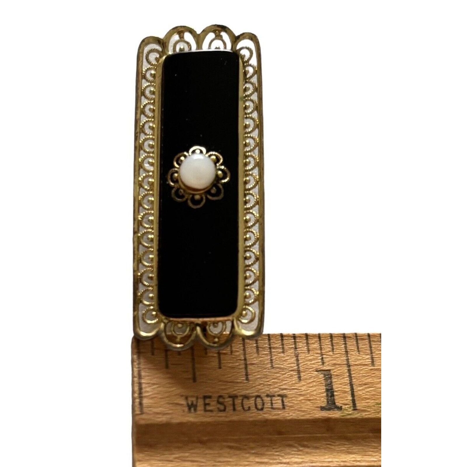 Other 800 Sterling Silver Vermeil Filigre Onyx Mourning Bar Brooch Size ONE SIZE - 8 Thumbnail