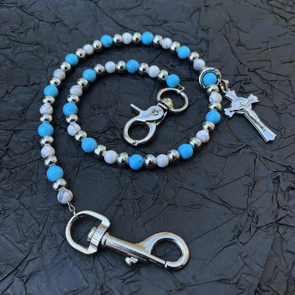 Jewelry Blue Beaded Cross Wallet Chain, Belt Chain, Pants Chain Size ONE SIZE - 6 Thumbnail