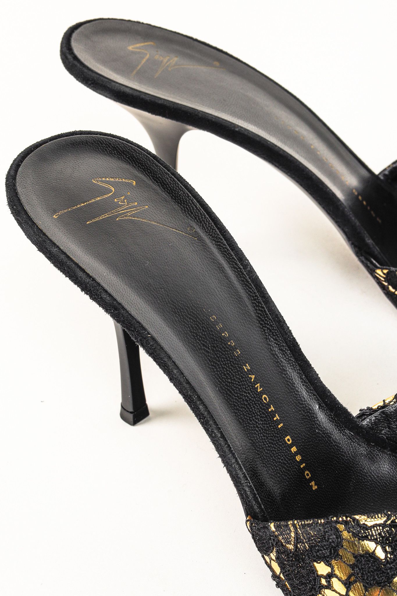 Giuseppe Zanotti Giuseppe Zanotti Gold & Black Lace Crossover-Strap Mules Size US 9 / IT 39 - 4 Thumbnail
