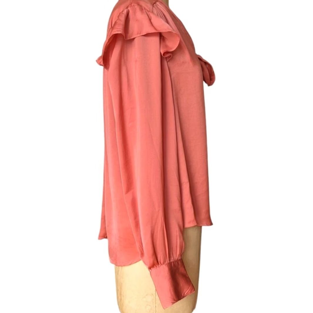 Vintage Bleuh Ciel Terracotta Satin Blouse Long Sleeve Tie Neck Ruffle Bow Button V-Neck Women L Pink Satin Blouse Casual Office Size L / US 10 / IT 46 - 4 Thumbnail