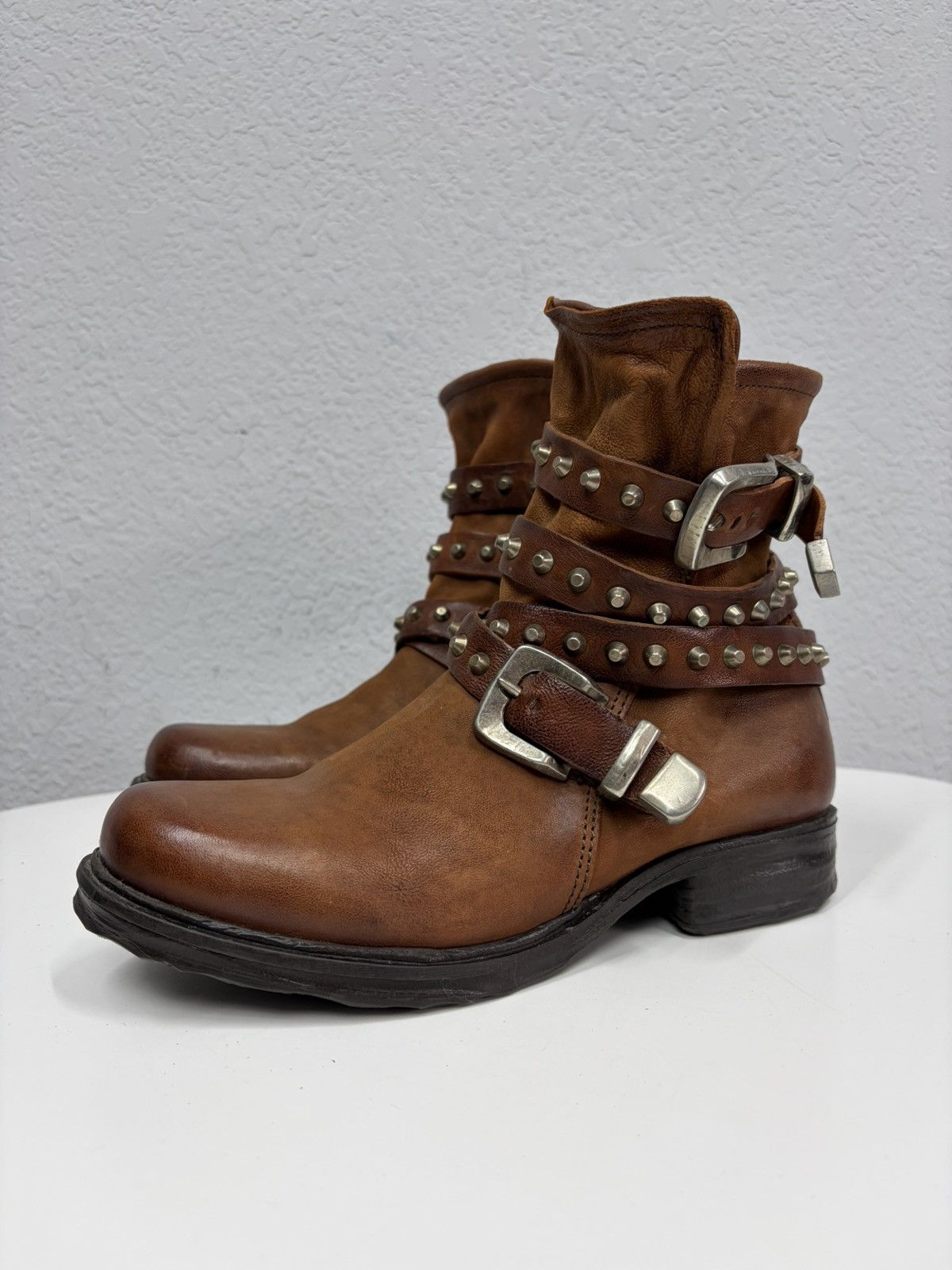 If Six Was Nine Brown Leather Studded Harness Boots Multi-Strap Biker Boots Size US 8 / IT 38 - 2 Thumbnail