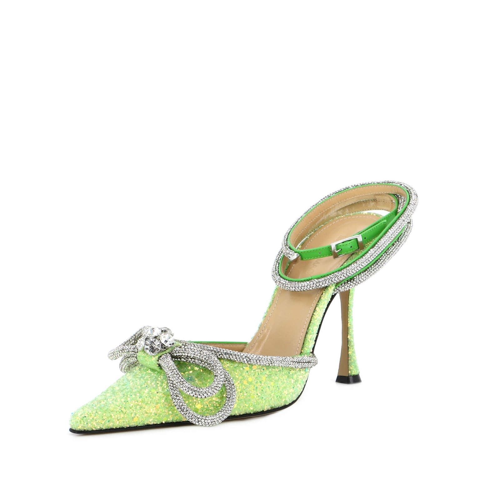 image of Mach&mach Women's Double Bow Ankle Strap Pumps Glitter None Shoes in Green (Size 11)