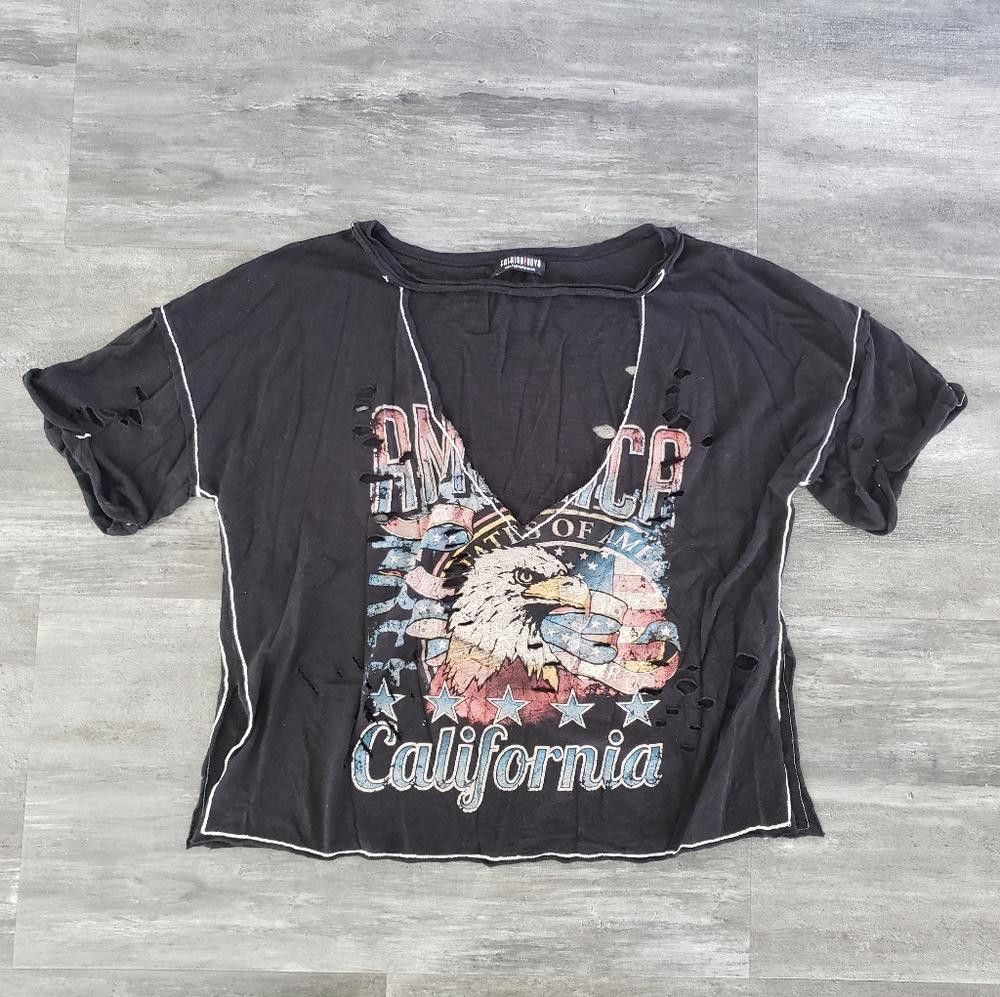 Fashion Nova Black Blue California FN Distressed Short Sleeve Size M / US 6-8 / IT 42-44 - 1 Thumbnail
