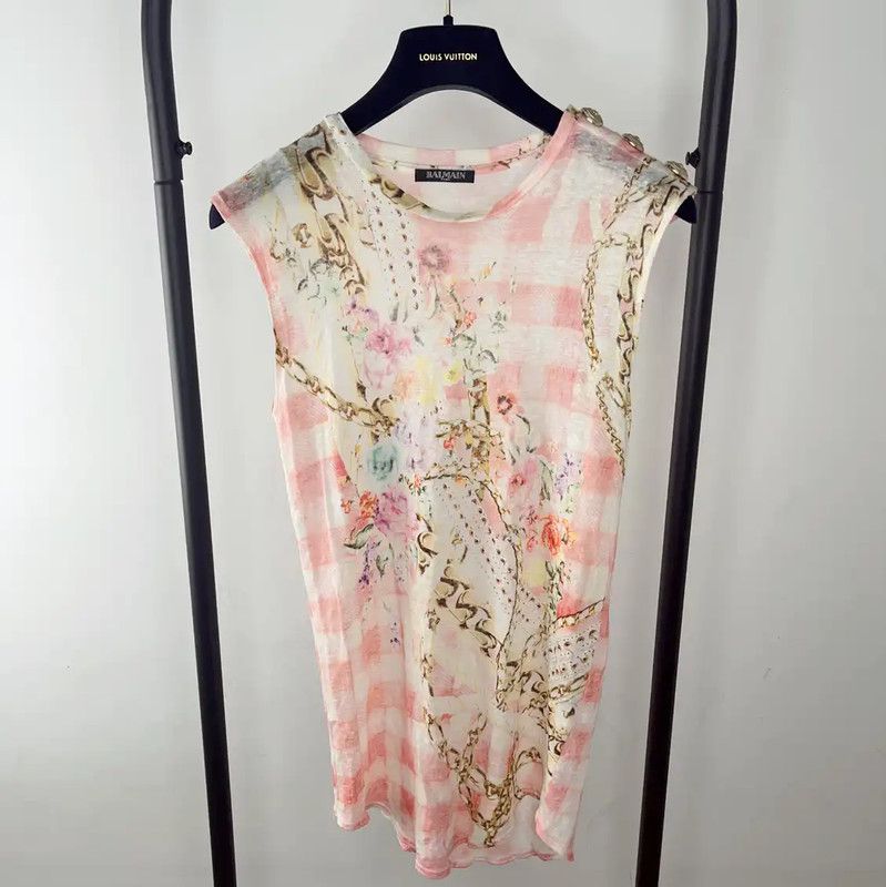 Balmain Balmain Pink Floral Print Women's T-Shirt 0089 Size S / US 4 / IT 40 - 1 Thumbnail