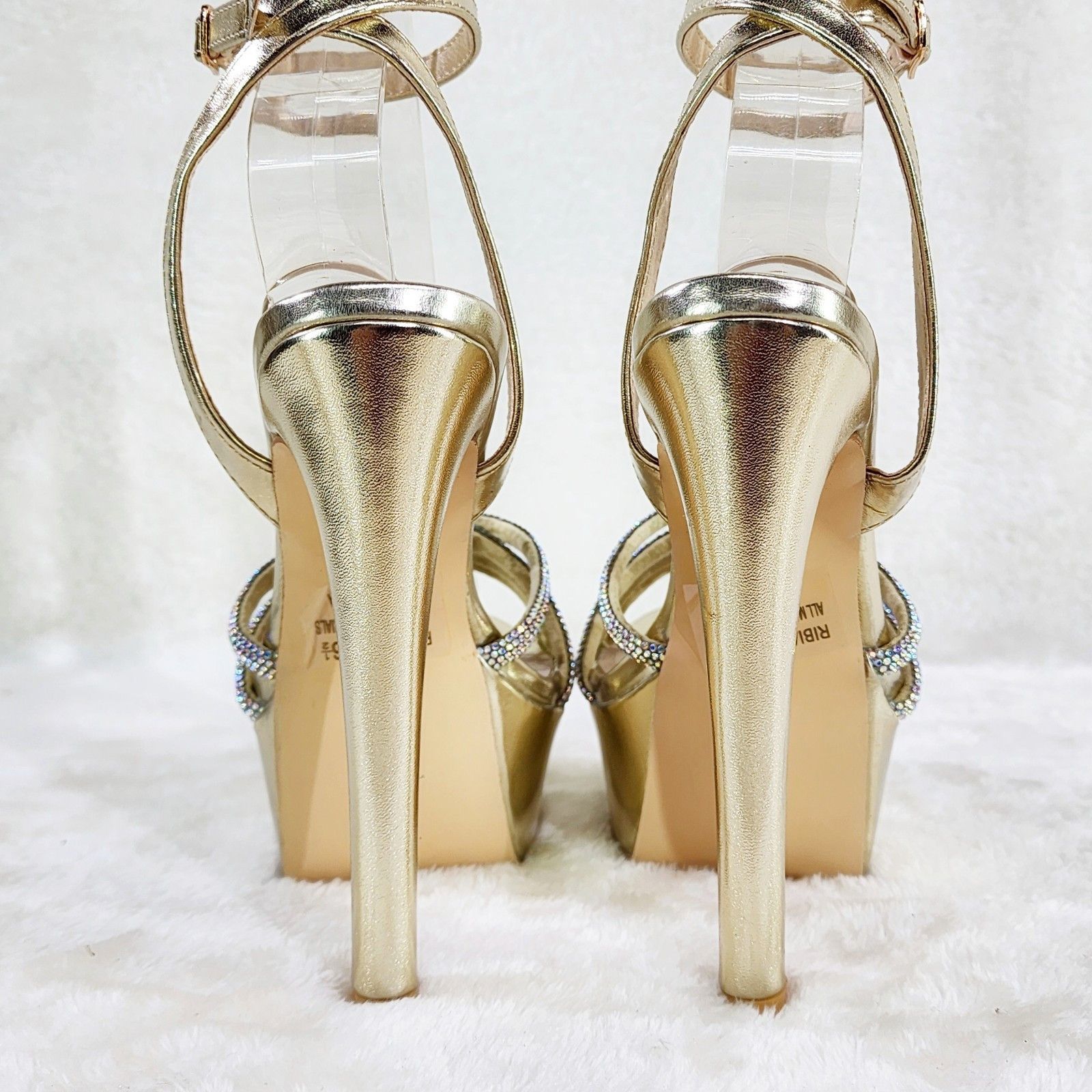 Other Gold Platform 6" High Heels Ankle Wrap Shoes Rhinestones Size US 9 / IT 39 - 5 Thumbnail