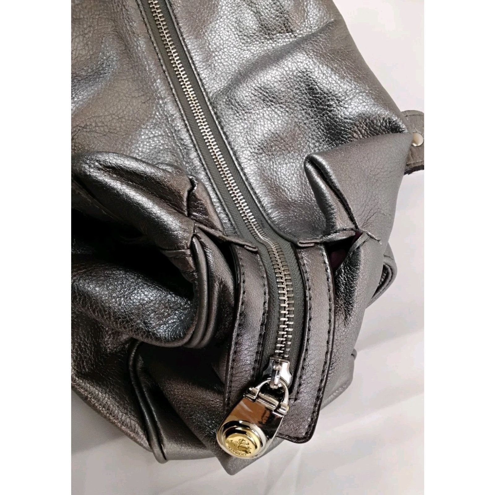 Other B Makowsky Silver Leather Handbag Top Handles Slouch Purse Size ONE SIZE - 8 Thumbnail