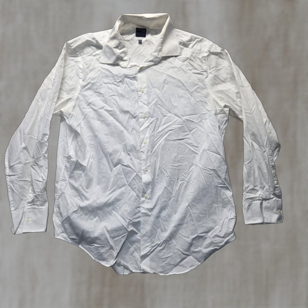 Madison Madison Shirt Dress Shirt Long Sleeve White Solid Men XL 17-17.5 34/35 Slim Fit Barrel Cuff Modern Vintage: No (but can't add N/A). Size 46R - 1 Thumbnail