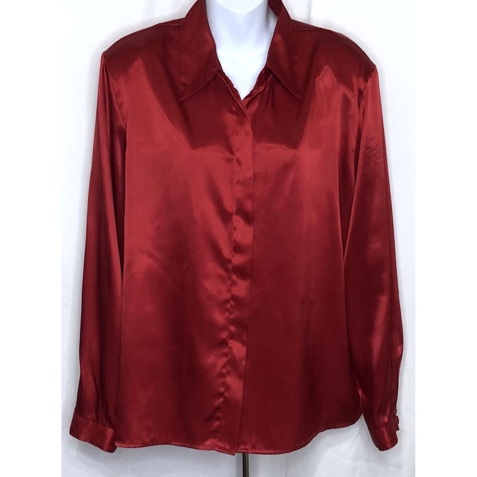 Vintage Impressions Top Womens XL Red Satin Long Sleeve Button Collar career Holiday Office Size XL / US 12-14 / IT 48-50 - 5 Thumbnail