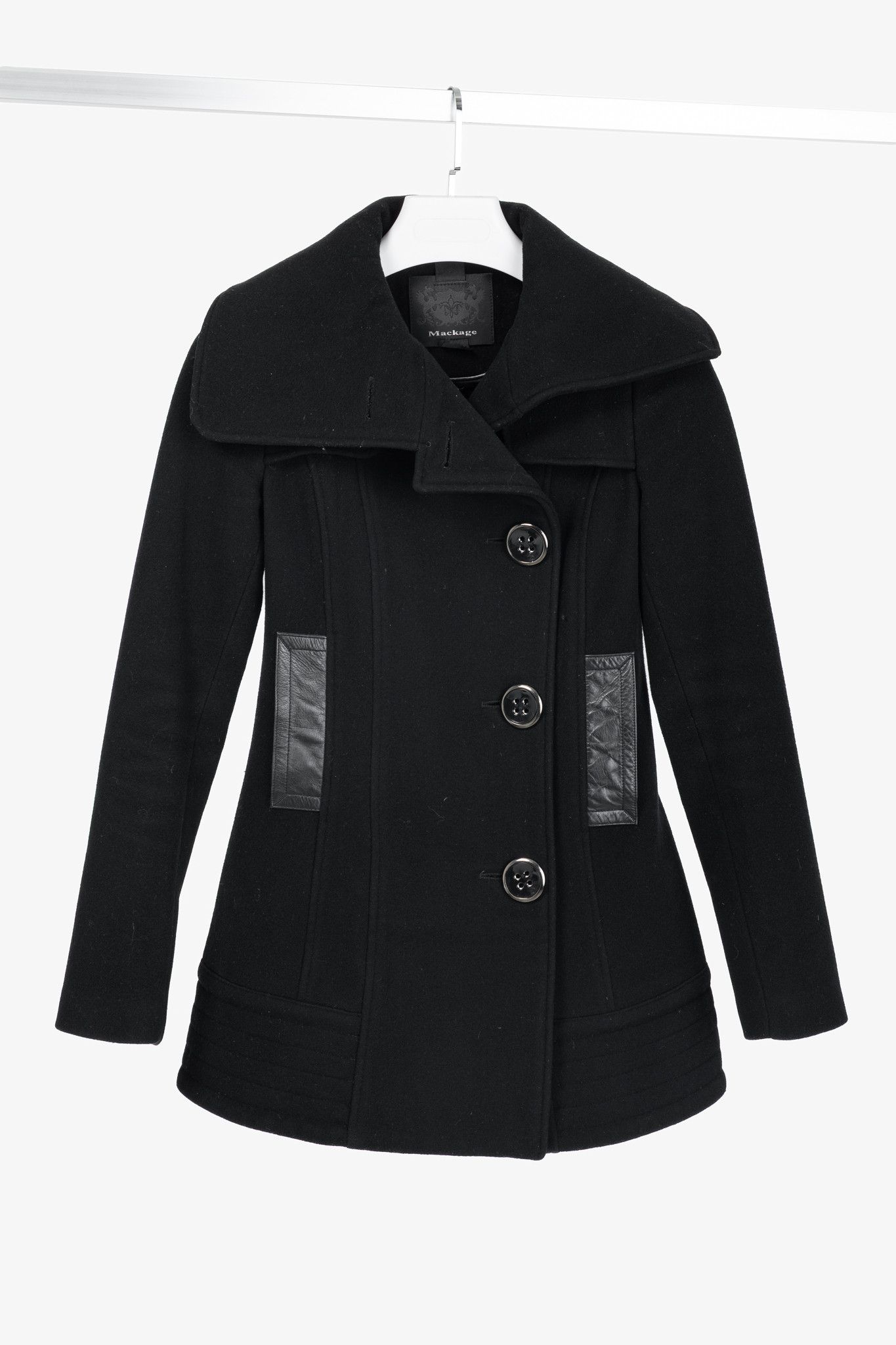 Mackage Mackage Black Wool Leather-Trim Buttoned Coat Size XXS / US 00 / IT 34 - 1 Thumbnail