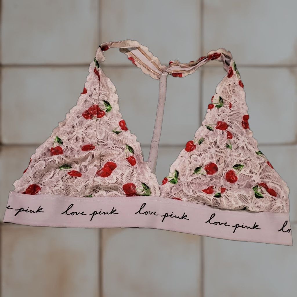 Pinko Vintage Pink Victoria's Secret Wireless Bralette Bra Large Pink Floral Lace Racerback Women