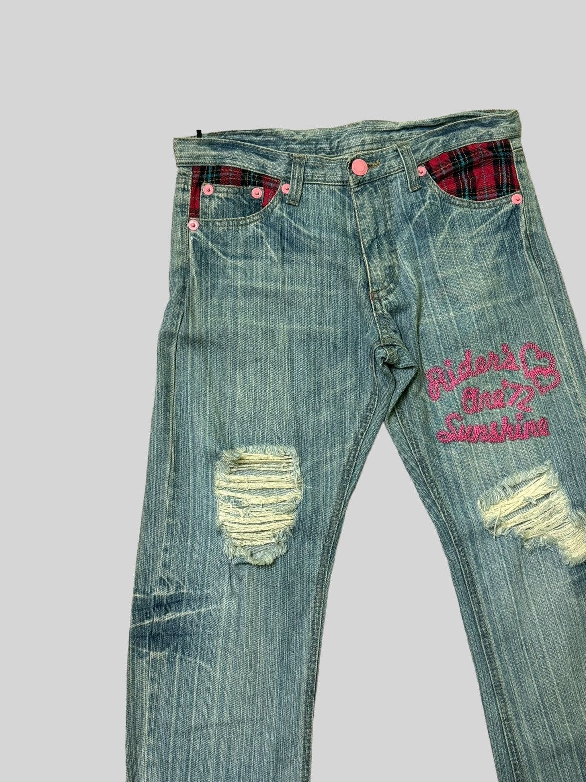 Hysteric Glamour × Japanese Brand Distressed Tartan Embroidery Junya Watanabe Denim Jeans Size US 30 / EU 46 - 4 Thumbnail