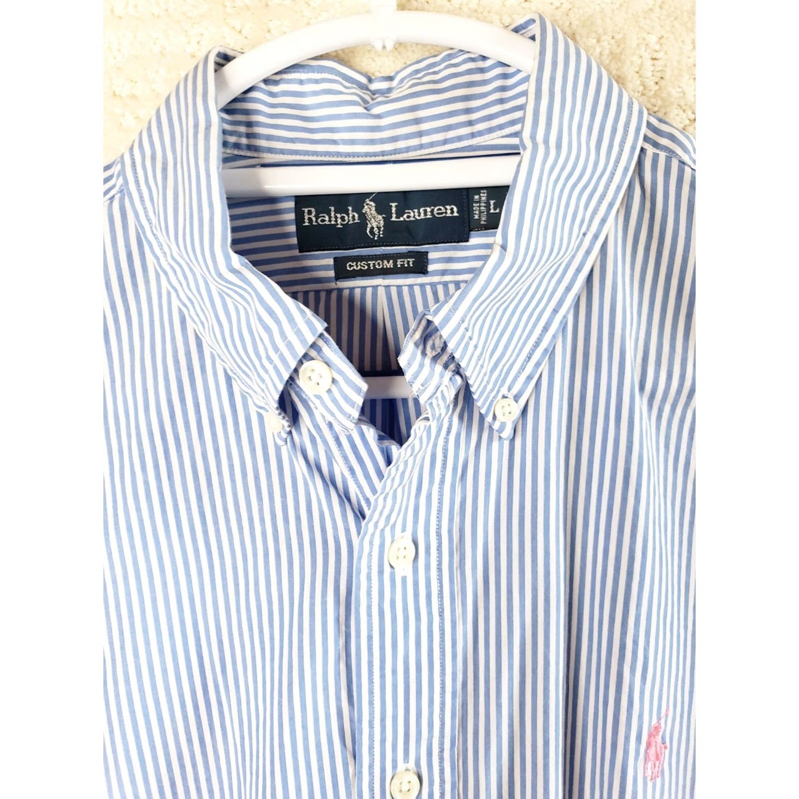 Ralph Lauren VINTAGE Ralph Lauren Dress Shirt Blue Striped Embroidered Pony Custom Fit Men's L Long Sleeve Button-Down Collar Shirt Size 42R - 5 Thumbnail