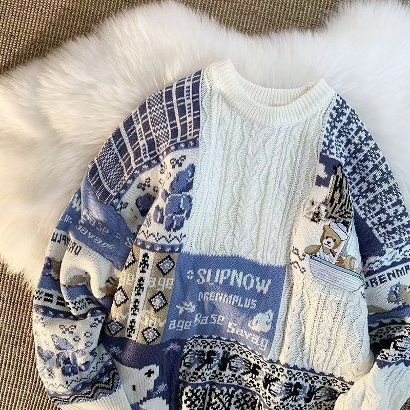 Japanese Brand × Vintage Blue retro bear print crew neck knit sweater Size US M / EU 48-50 / 2 - 2 Thumbnail