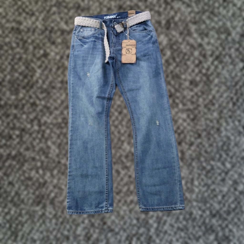 Denime Flypaper Jeans Men's 32x32 Blue Denim Belted Straight Leg 5-Pocket Mid Rise Distressed Stretch Regular Size US 32 / EU 48 - 1 Thumbnail